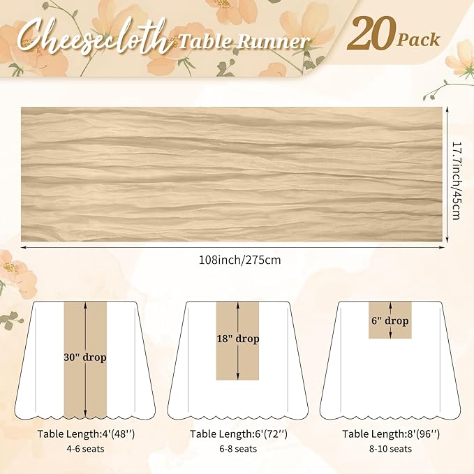 20 Pack Cheesecloth Table Runner Beige, Rustic Boho Gauze Fabric Table Runner Romantic Table Runner for Wedding, Festival, Birthday, Anniversary, Dinner and Outdoor Events (17.7 x 108 inch)