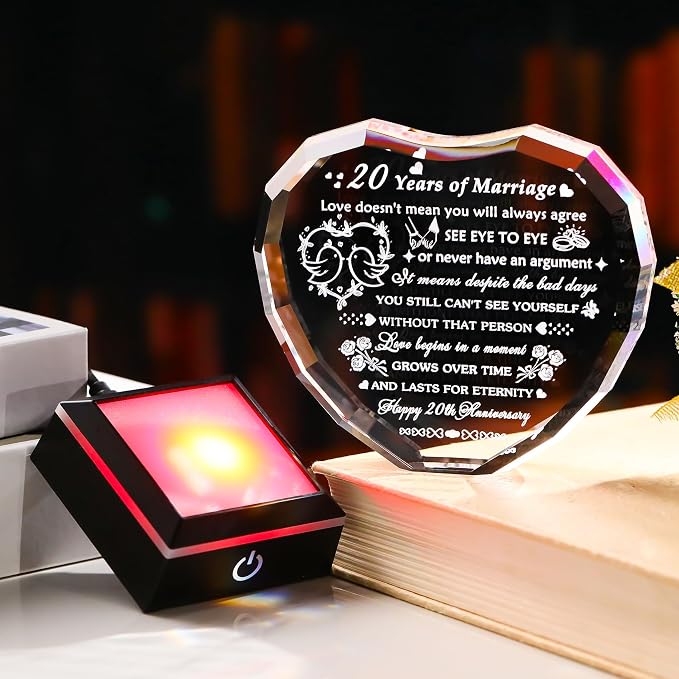 Arikyrist 20th Wedding Anniversary Crystal Heart Gifts for Couples, Laser Engraved Romantic 20 Year Anniversary Crystal Keepsake Gifts for Wife Husband, 20 Years of Marriage Gift for Her Him Friends
