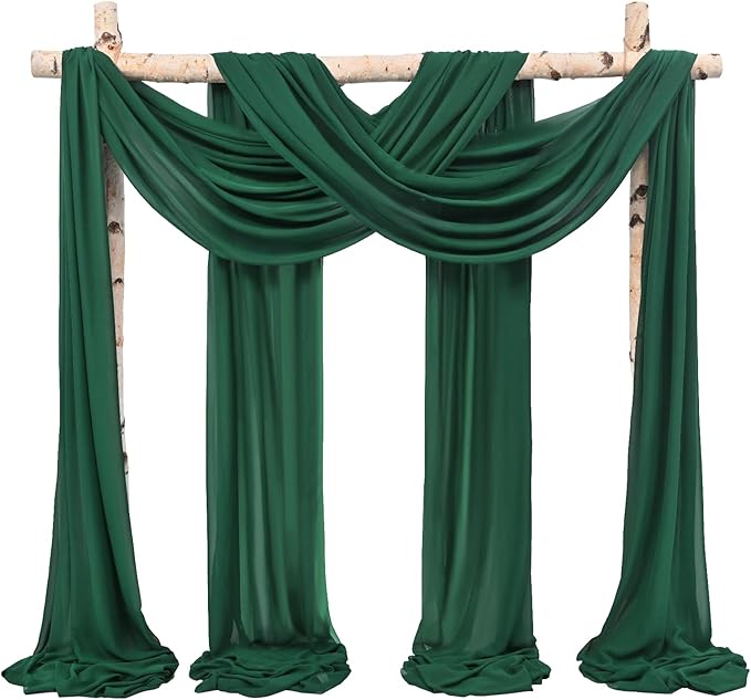 Wedding Arch Draping Fabric,4 Panels 28" x18ft Emerald Green Wedding Arch Drapes for Ceremony Sheer Chiffon Fabric Drapes Arbor Drapery Decorations for Reception Party