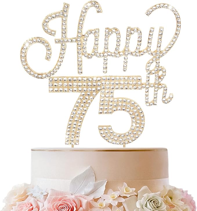 LINGTEER Happy 75th Birthday Gold Rhinestone Cake Topper - Cheers to 75th Birthday 75 Years Old Anniversary Party Cake Centerpieces Topper Decorations Gift Sign.