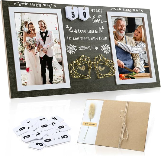 Then & Now Anniversary Picture Frame – Anniversary Wedding Gift for Couple & Parents, 1–99 Years Double 4x6 Picture Frame with Number Cards & Greeting Card (Dark Green)