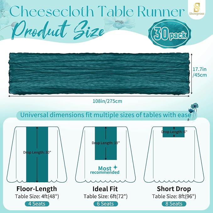 30 Pack Teal Cheesecloth Table Runner 17 x 108 inch Boho Gauze Table Runner Rustic Sheer Cheese Cloth Table Decorations for Wedding Party Baby Bridal Shower Birthday Holiday Home