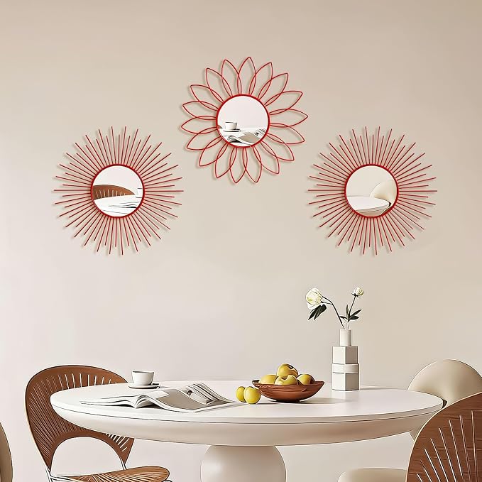 3 Pack Metal Mirrors for Wall Sunburst Wall Mirrors Home Décor Decorative Hanging Wall Art for Living Room Bedroom Entryway (Red, Flower+Sunburst)