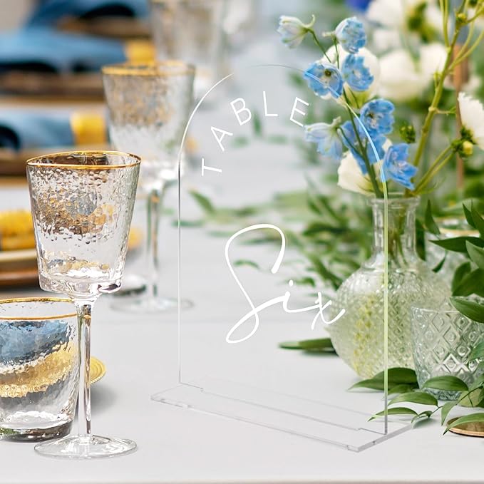 JINMURY Clear Acrylic Arch Table Numbers with Stands, 5x7 Inch Acrylic Arch Sign Table Numbers for Wedding (Clear White Font, 5x7 Inch Table Number 1-15)