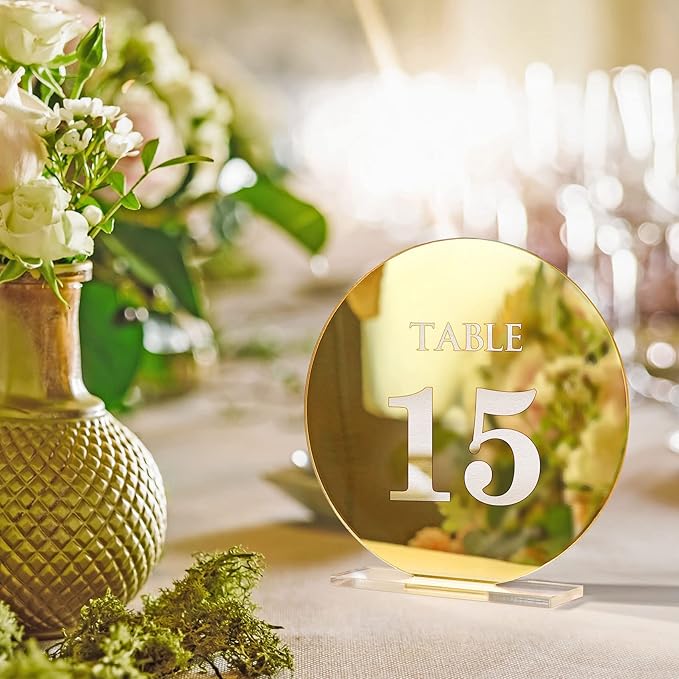 Acrylic Wedding Table Numbers 1-15 with Stands,4.8"Round Mirror Gold Table Number Signs and Holders for Wedding Reception, Party, Event, Centerpiece Decoration