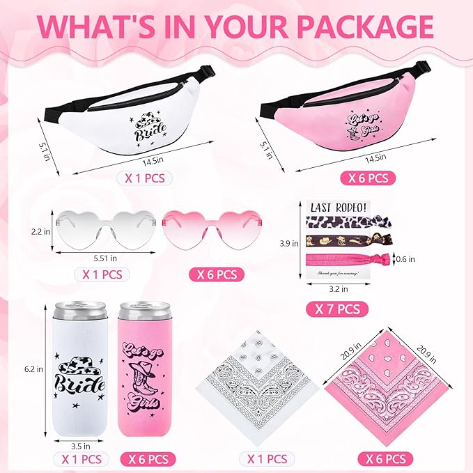 Tanlade 35 Pcs Cowgirl Bachelorette Party Supplies Includes 7 Pcs Bridesmaid Bride Fanny Pack 7 Pcs Can Sleeves 7 Sets Cowgirl Hair Ties 7 Pcs Bandanas 7 Pcs Heart Glasses for Wedding Bridal Shower