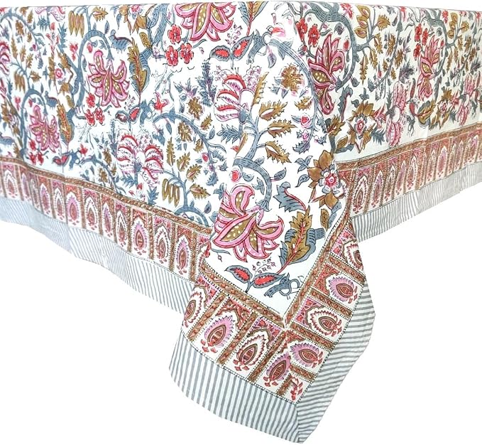 ATOSII Eden 100% Cotton Fall Tablecloth, Handblock Floral Print Rectangle Linen for Kitchen Dining I Parties Wedding Christmas Thanksgiving Outdoors I Spring Summer 72 X 120 Inches I 10 Seater Table