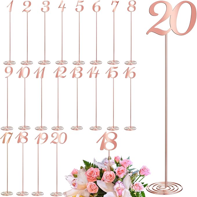 Therwen 20 Pcs Metal Table Numbers 1-20 Table Numbers for Wedding Reception 12 Inch Stainless Steel Party Desk Figure with Sturdy Holder Base for Banquet Wedding Party Event Catering(Rose Gold)