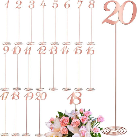 Therwen 20 Pcs Metal Table Numbers 1-20 Table Numbers for Wedding Reception 12 Inch Stainless Steel Party Desk Figure with Sturdy Holder Base for Banquet Wedding Party Event Catering(Rose Gold)