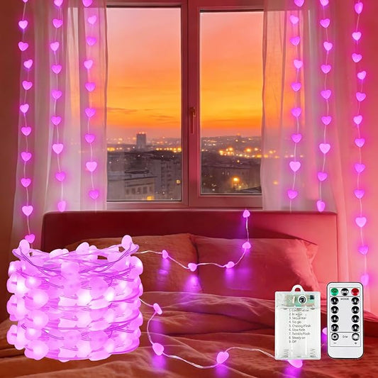 Valentine’s Day Twinkle Fairy Lights with Timer | 10FT 30LED Battery Operated Pink Heart Light with Remote for Wedding Bedroom DIY Indoor, Girl‘s Romantic Gifts Valentine Decor