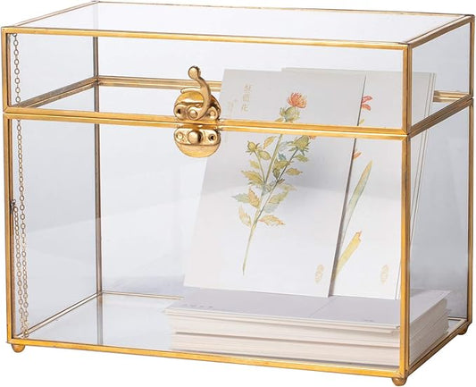 NCYP Small No Slot Glass Card Box with Lid for Wedding Reception, Party Wishwell Keepsake - 9.8" x 5.6" x 7.7" Gold, Tabletop Decor (Glass Box Only, No Lock)
