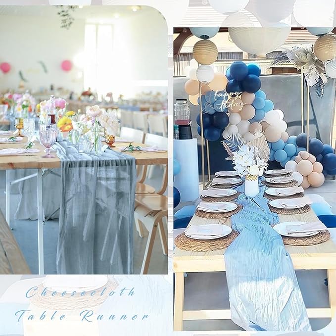 12 Pcs Dusty Blue Cheesecloth Table Runner 10FT Runner for Tables 35 x 120 Inches Long Gauze Boho Fabric Table Runner Decoration Rustic Sheer Runner for Wedding Birthday Baby Shower Party (Dusty Blue)