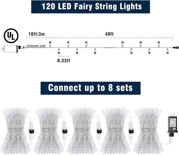 120 LED Christmas Lights Outdoor, 40 FT String Lights for Outside Waterproof, 8 Modes Plug in Fairy Twinkle Lights for Indoor Patio Yard Tree Christmas Halloween Decorations, Red White&Green