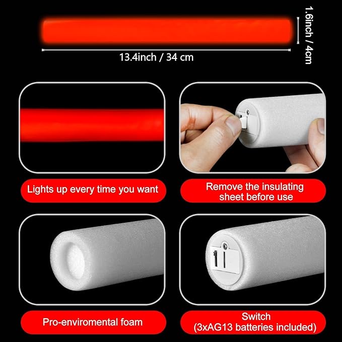 Glow Foam Wand, 36 Pcs Red Giant LED Light Up Sticks 3 Modes Flashing Baton Wands Party Supplies for July 4th, Raves,Concert ,Christmas, Halloween,Sporting Events