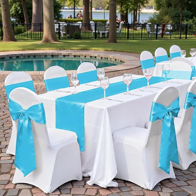 MDS Satin Chair Sashes, 125 Pack, 7”x108” Each, Decorative Chair Bows Ribbon Tie Backs for Wedding Party, Holiday Dinner, Birthday, Reception, Banquet, Hotel & Event Decoration - Turquoise