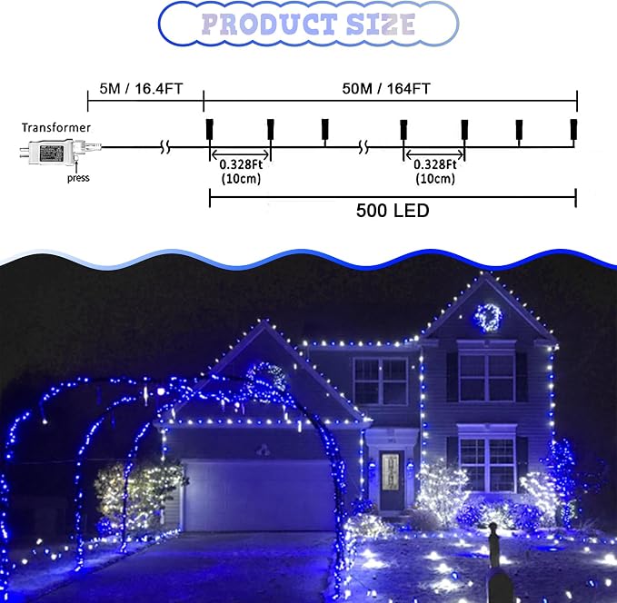 weillsnow 164 FT 500 LED Christmas Lights Outdoor, Waterproof Christmas Fairy Lights with Timer, Plug in Blue White LED String Lights with 8 Modes for Bedroom Wedding Party Xmas Decoration
