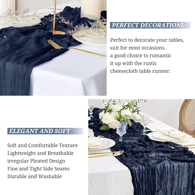 Pesonlook 16 Pack Cheesecloth Table Runner, 10Ft Boho Gauze Table Runner 35×120 Inch Rustic Romantic Long Table Runner for Wedding Party Bridal Shower Thanksgiving Christmas Decoration(Navy Blue)