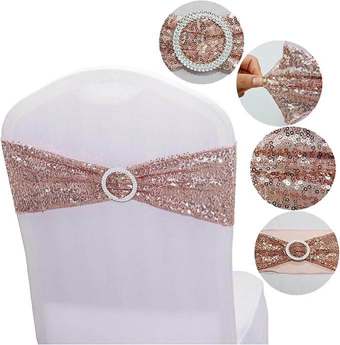 Dimatic 10 PCS Stretch Sequin Chair Sashes Chair Stretchy Spandex Bands for Wedding Reception Events Banquets Chairs Decoration (Rose Gold)