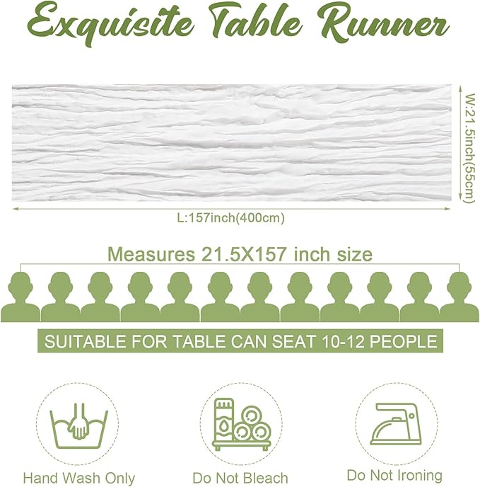 Foaincore 12 Pack White Cheesecloth Table Runner 13FT Boho Gauze Table Runner 157'' Long Rustic Wedding Tablerunner for Bridal Shower Baby Shower Arch Decor Party Tablecloth