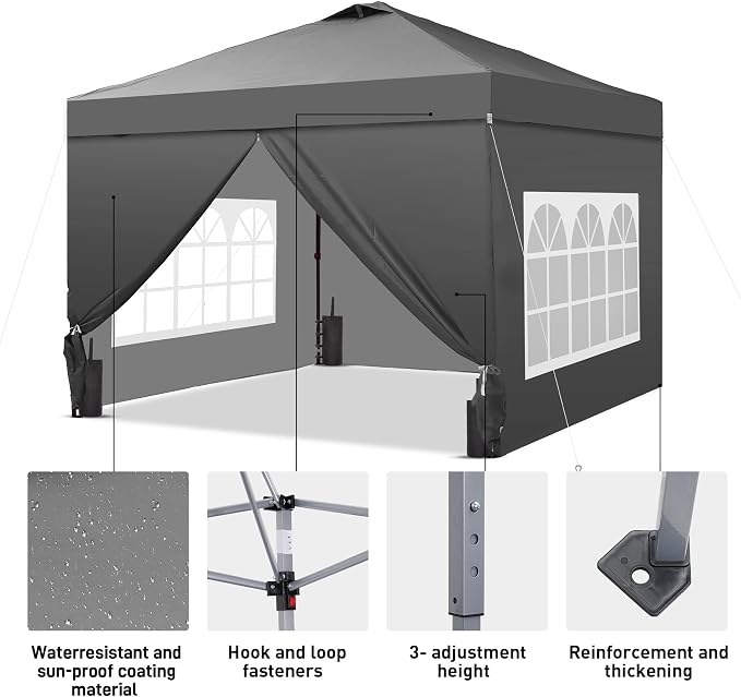 GDY 10x10 Pop Up Canopy Tent with 4 Sidewalls, Easy Set up, Outdoor Silver Coated Beach Gazebos, Carpas with 4 Sandbags, for Events, Parties,Camping, Grey.