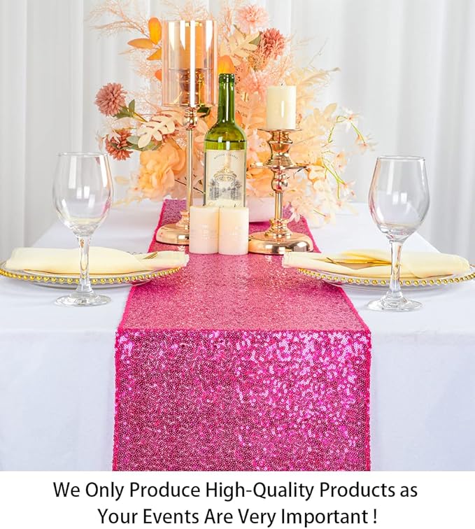ShinyBeauty Hot Pink Table Runners - Pack of 10, 12x108-Inches, Sequin Fabric, Fuchsia, Perfect for Holiday Celebration Party Supplies