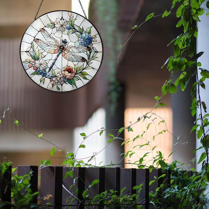 Dragonfly Suncatcher for Window, 7.8” Stained Glass Sun Catcher Hanging Decor, Dragonfly Gifts for Women, Colorful Indoor Window Hanging Ornament for Home Garden Housewarming