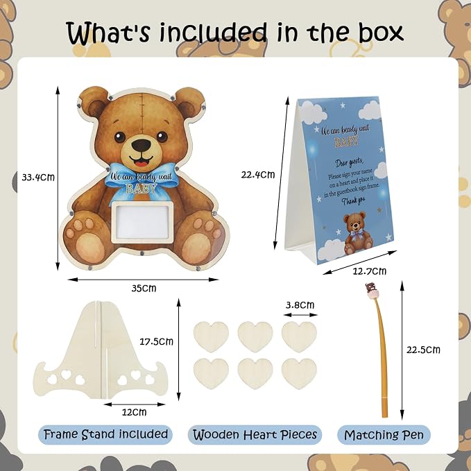 Teddy Bear Baby Shower Decorations,We Can Bearly Wait Baby Shower Guest Book Alternatives with Bear Pen,Photo Frame and 60 Heart Wood Slices for 60 Guests,Gender Reveal Decorations