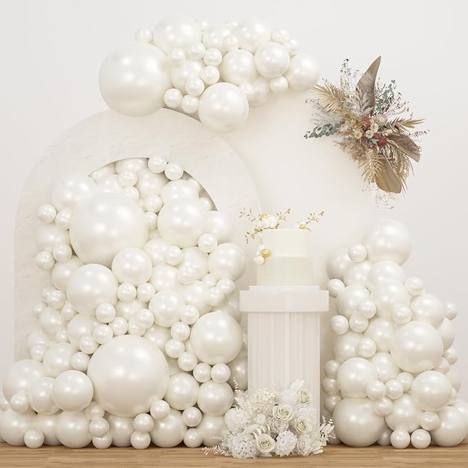Double Stuffed White Balloons Different Size 115Pcs 5/10/12/18 Inch White Pearl Balloons Arch Garland Kit for Wedding Bridal Shower Birde to be Engagement Baby Shower Birthday Party