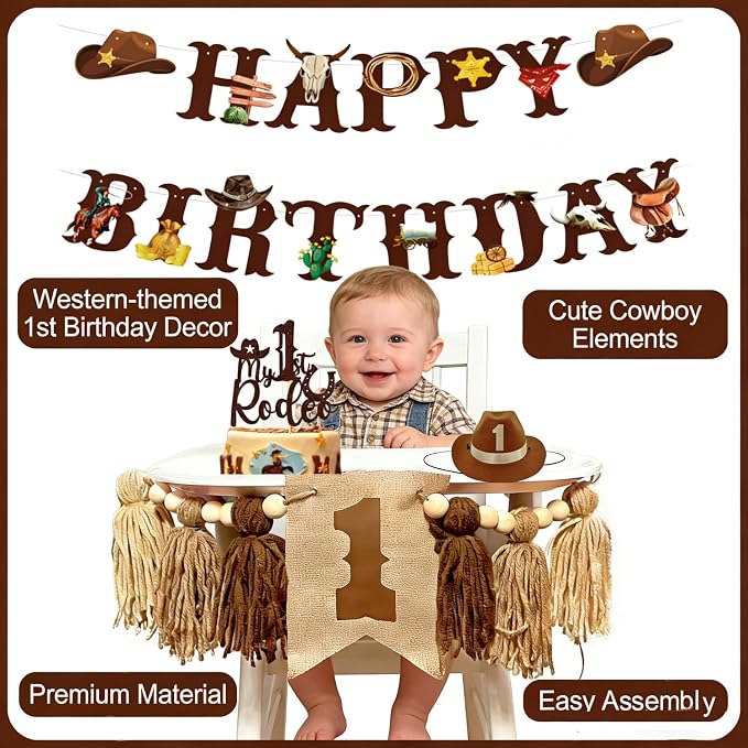 Western Cowboy 1st Birthday Decorations Boy-My First Rodeo Felt Birthday Banner Western Rodeo First Birthday High Chair Banner With Rodeo Cake Topper & Cowboy Hat，Cowboy First Birthday Decorations