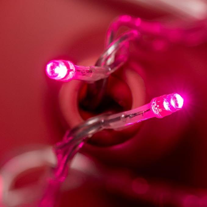 YULETIME 300 Pink String Lights, 100 ft Clear Wire 8 Models Wide Angle LED | 5mm Bulbs, Safe 29V Adapter, Multimode Lighting, Connectable, 100' Total Length, 1-Strand 300 Lights, 4" Spacing