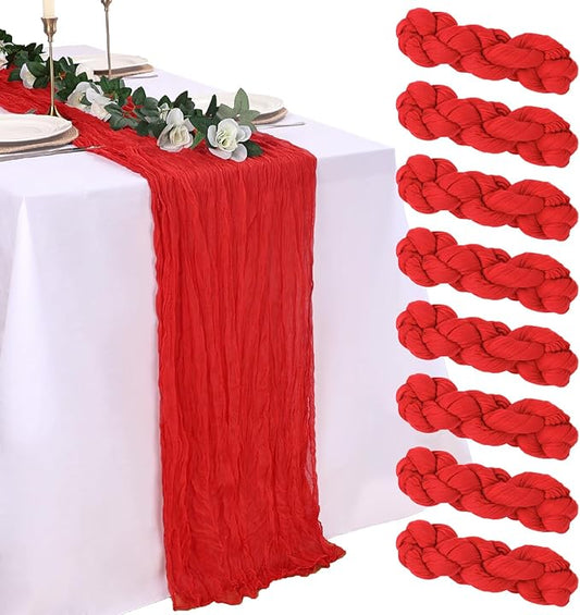8 Pack Red Cheesecloth Table Runner 10ft Boho Gauze Fabric 120 Inch Cheese Cloth Table Runner Rustic Sheer for Holiday Baby Shower Party Décor Home Wedding Decoration