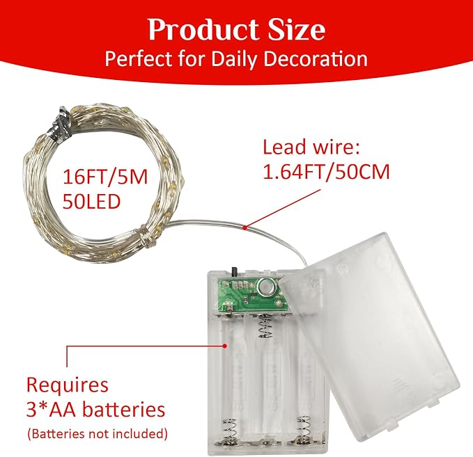 QITONG 6 Pack Red Fairy Lights Battery Operated Outdoor, Each 16 ft 50 LED Mini String Lights, Sliver Wire Christmas Twinkle Lights Indoor