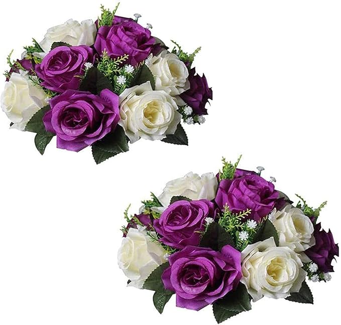 Sziqiqi Faux Silk Rose Flowers Artificial Flowers for Wedding Party Centerpiece Decorations Home Decorative Flowers, Pack of 2 Purple & White