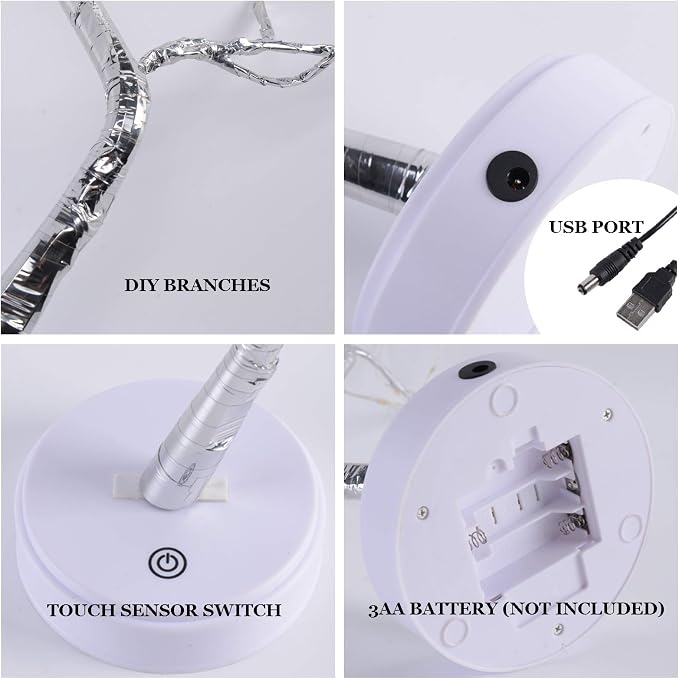 PXBNIUYA 108 LED Sparkly Fairy Tree Lamp, Warm White, Remote Control, USB/Battery, 8 Modes, DIY Bonsai Decor, Festival Decoration Light