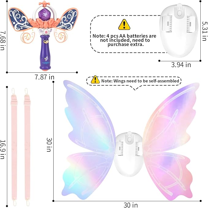Electric Fairy Wings and princess wand for Girls, Princess Dress up Costume, Moving Butterfly Wings with LED Lights and Music, Toys for Kids as Halloween Birthday Christmas Party Cosplay Gift