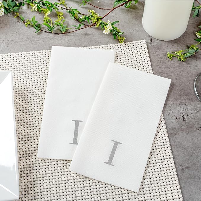 Luxenap 15.8 X 7.9 Inch Linen-Feel Guest Towels, 50 Lettered Hand Towels - Silver Letter 'I', Sans Serif Font, White Paper Dinner Napkins, airlaid, For Restrooms And Tables - Restaurantware