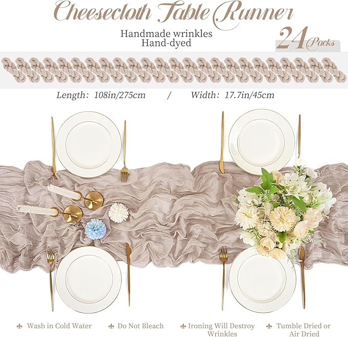 24 Packs Taupe Table Runner, Charming Cheesecloth Table Runner 17 x 108inch, Gauze Boho Wedding Decoration Rustic Sheer Fabric Cheese Cloth Table Runners for Wedding Party Bridal Shower