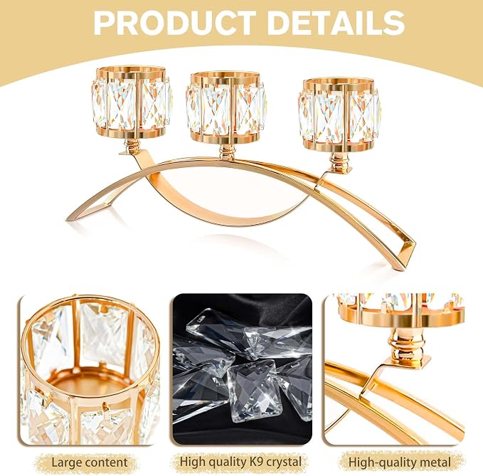 3 Arms Crystal Candle Holders, Arch Candlestick Table Candelabras Centerpieces for Wedding, Dinning Room, Cabinet Ornaments, Home Decoration， Gift (Gold, 2 Pcs-3 Arm Arched)