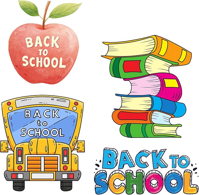 Honoson 4 Pcs Large 32" Back to School Cardboard Cutouts Standup, First Day of School Party Decorations Backdrop Bus Notebook Yard Sign Photo Booth Props for Classroom Party Supplies