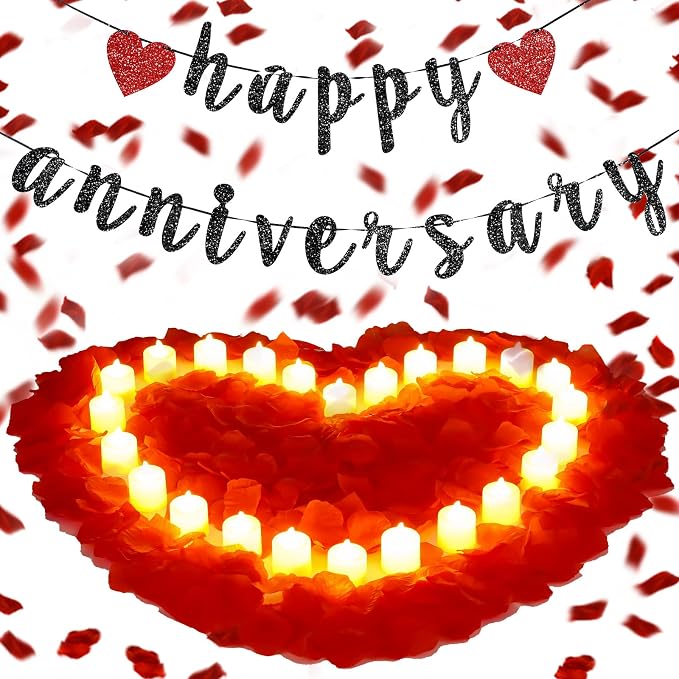 Retisee Red Anniversary Decorations Happy Anniversary Banner Sign Romantic Feliz Aniversario Party Decoration Glitter Banner with 24pcs LED Candles 2000pcs Rose Petals for Home Party Night Wedding