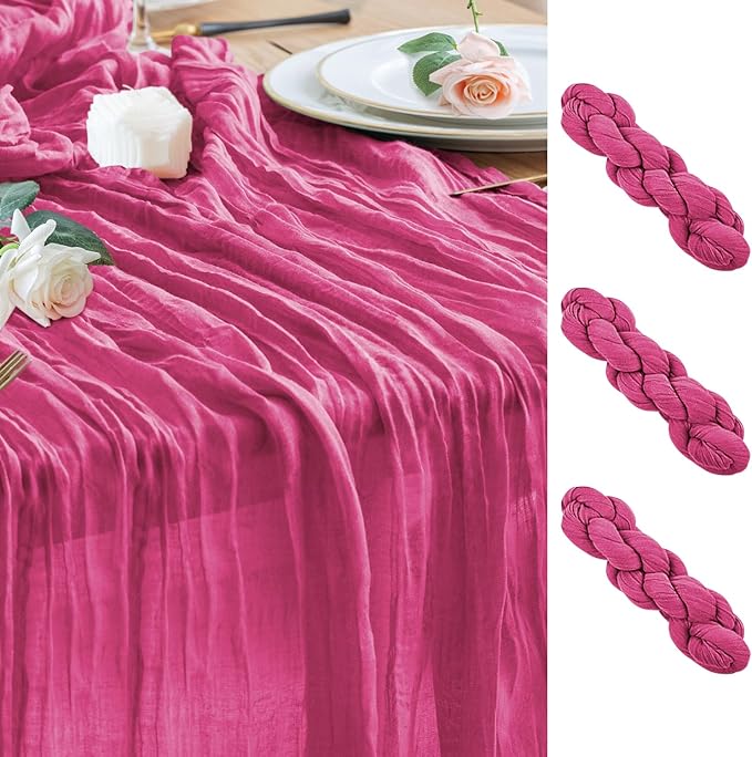 Wokceer Cheesecloth Table Runner 3Pack 10FT Deep Pink Boho Gauze Fall Thanksgiving Cheese Cloth Table Runner for Party Long Rustic Sheer Table Runners for Baby Bridal Shower Wedding Easter Table Decor
