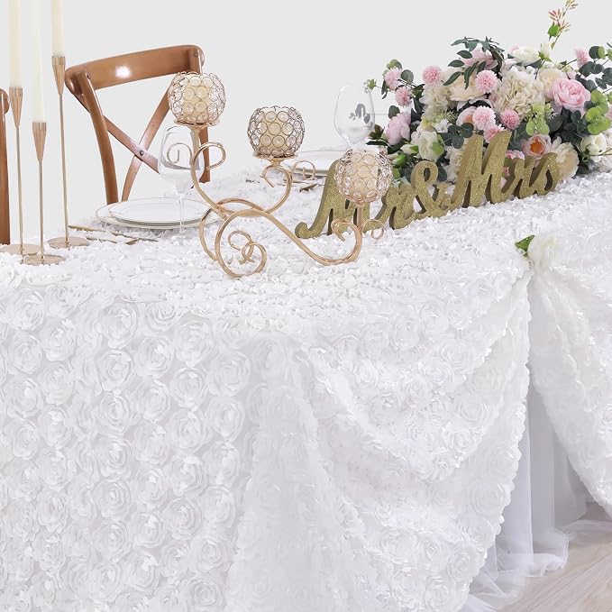 Fanqisi Rosette Tablecloth White 50x80 Inches Rectangular 3D Floral Satin Rosette Fabric Table Cover Grandiose Wedding Party Baby Shower Decorations