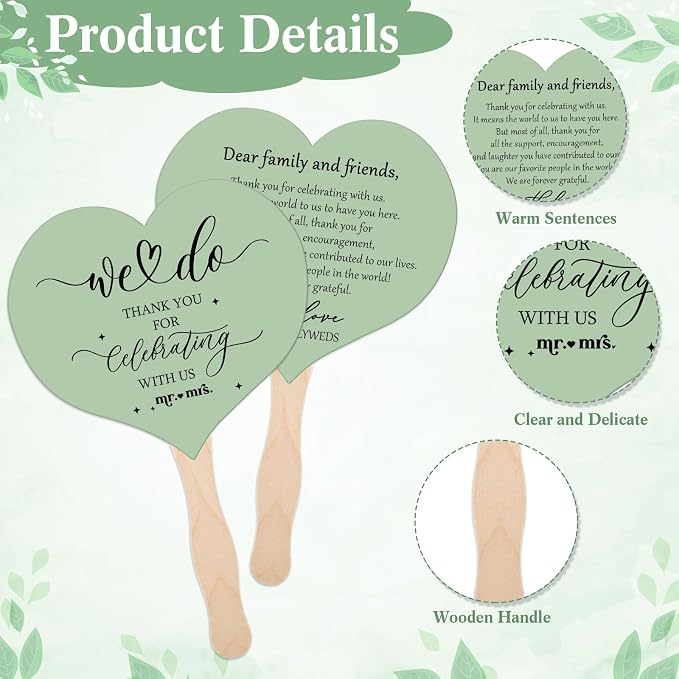 51 Pcs Wedding Fans for Guests Wedding Favor Paper Fans with Handle Bulk Table Sign for Ceremony Bridal Party Decoration(Green,Classic)