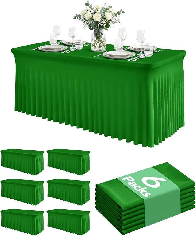 6 Pack Spandex Table Cover Skirts for 6ft Rectangle Tables, Green Stretch Table Cloths with Floor-Length Ruffle, Elastic Fitted Skirted Tablecloth for Elegant Wedding Banquet Party Buffet Decoration