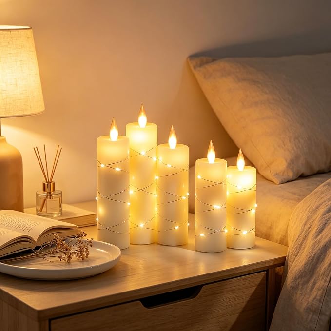 Da by 5 Pack Ivory Real Wax Flameless Taper Candles, Lifelike Flickering LED Flame Candles with Surrounding Fairy String Lights, Battery Candles with Remote for Home Wedding Holiday Decor