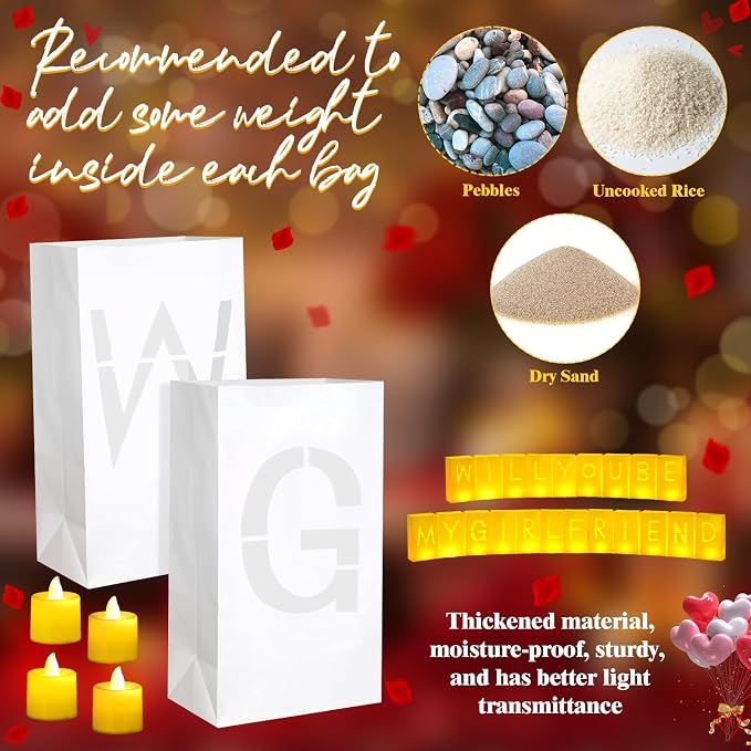 Aurelema 6093 Pcs Will You Be My Girlfriend Light up Letters with LED Flameless Tealight Candle Red Rose Petal Letter Luminary Paper Bag for Valentine's Day Decoration Romantic Special Night Decor