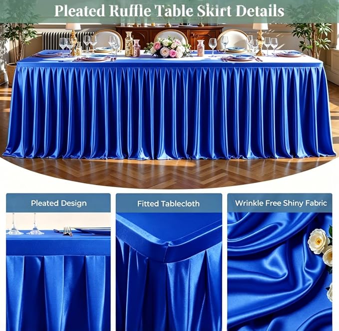 6 Packs Royal Blue Satin Tablecloths Rectangle 6FT, Glitter Spandex Fitted Stretch Table Covers Wrinkle-Free Floor Length Shimmer Table Skirt for Weddings Parties Baby Shower Banquets Vendor Events