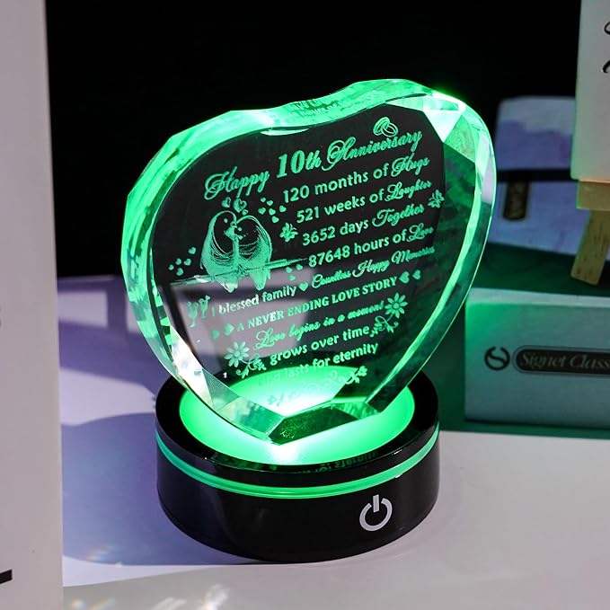 YWHL 10th Wedding Anniversary Crystal Heart Gifts for Couples with LED Base, Laser Engraved Happy 10th Anniversary Keepsake Gifts for Wife Husband, Romantic 10 Years of Marriage Gift for Her Him