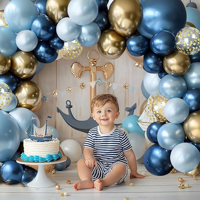 Blue and Gold Balloons Arch Kit - 119 PCs Double Stuffed Pastel Blue Balloons Dusty Navy Light Metallic Blue Gold Confetti Balloons for Bridal Shower Wedding Birthday Party Decorations