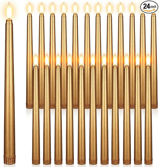 Macarrie 24 Packs Flameless Taper Candles Battery Operated Fake 11 Inch Long Candlelight LED Flameless Candlesticks Flickering Tapered for Summer Fall Wedding(Gold)